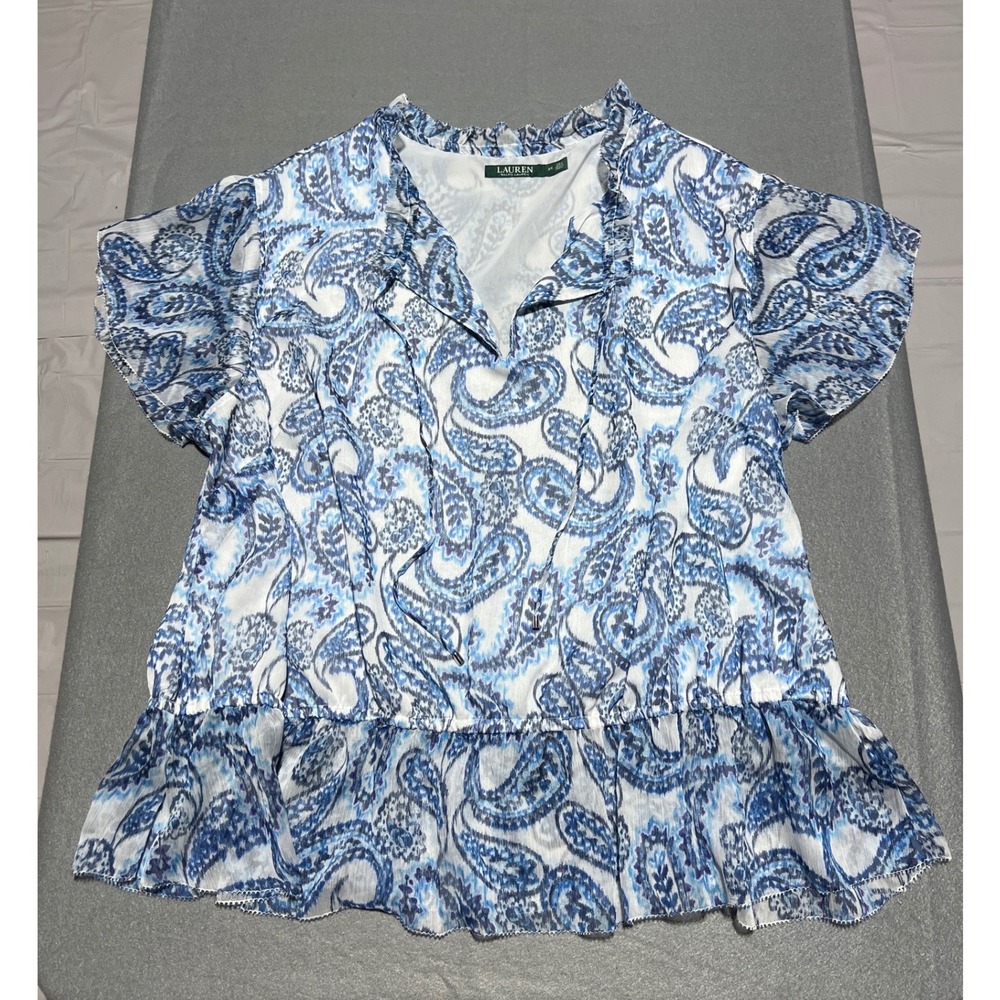 Lauren Ralph Lauren Womens 3X Blue White Paisley Ruffle Peplum Blouse Top